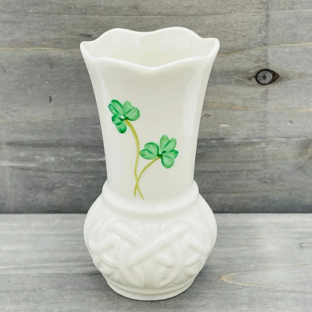 Vintage Belleek Ireland Shamrock Toy Spill Vase Basketweave Porcelain Fine China
